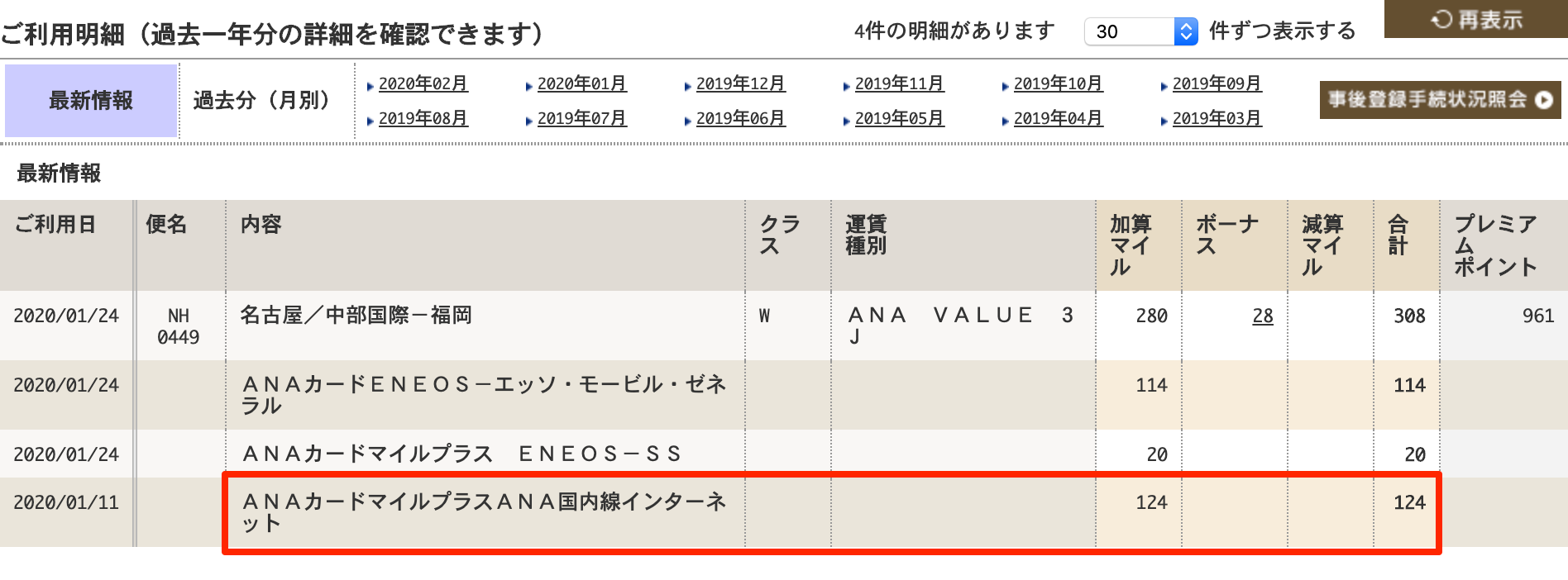 ANAマイルの管理画面